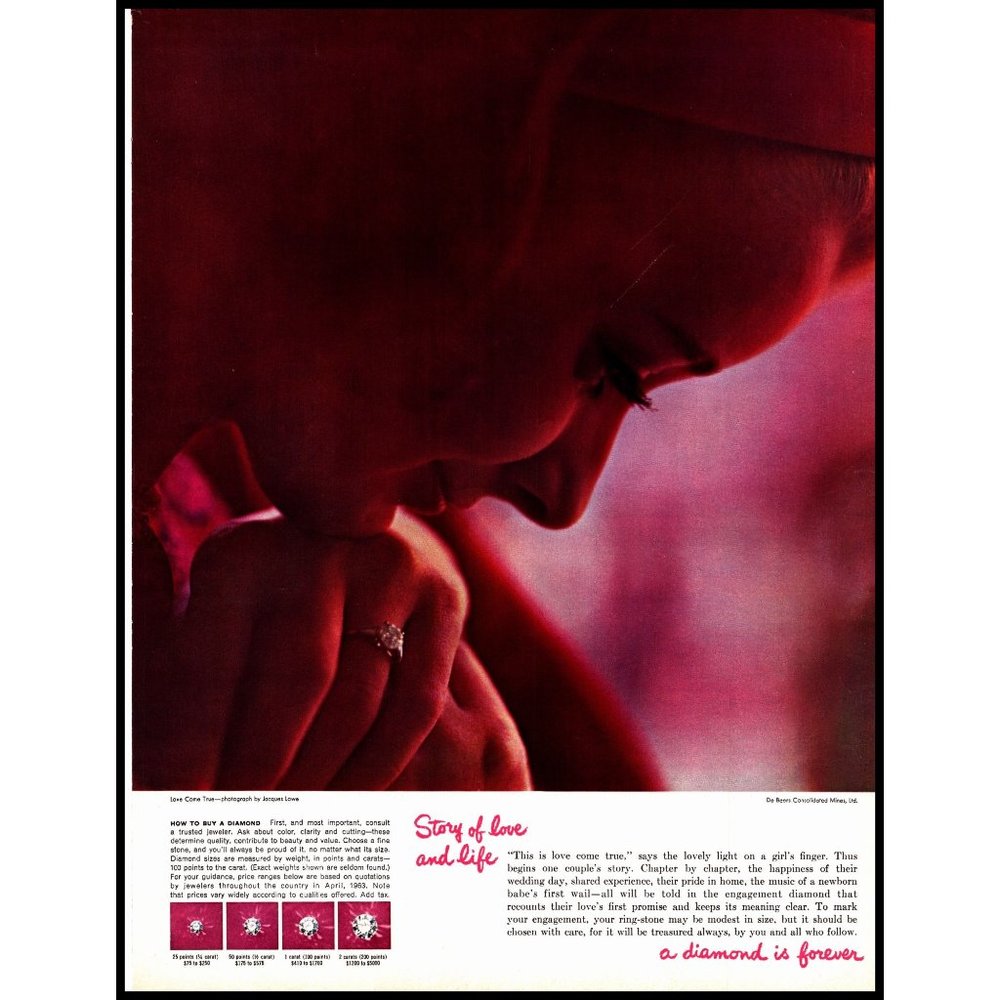 1963 DeBeers Diamond Mines Diamond is Forever Vintage Print Ad Engagement Ring